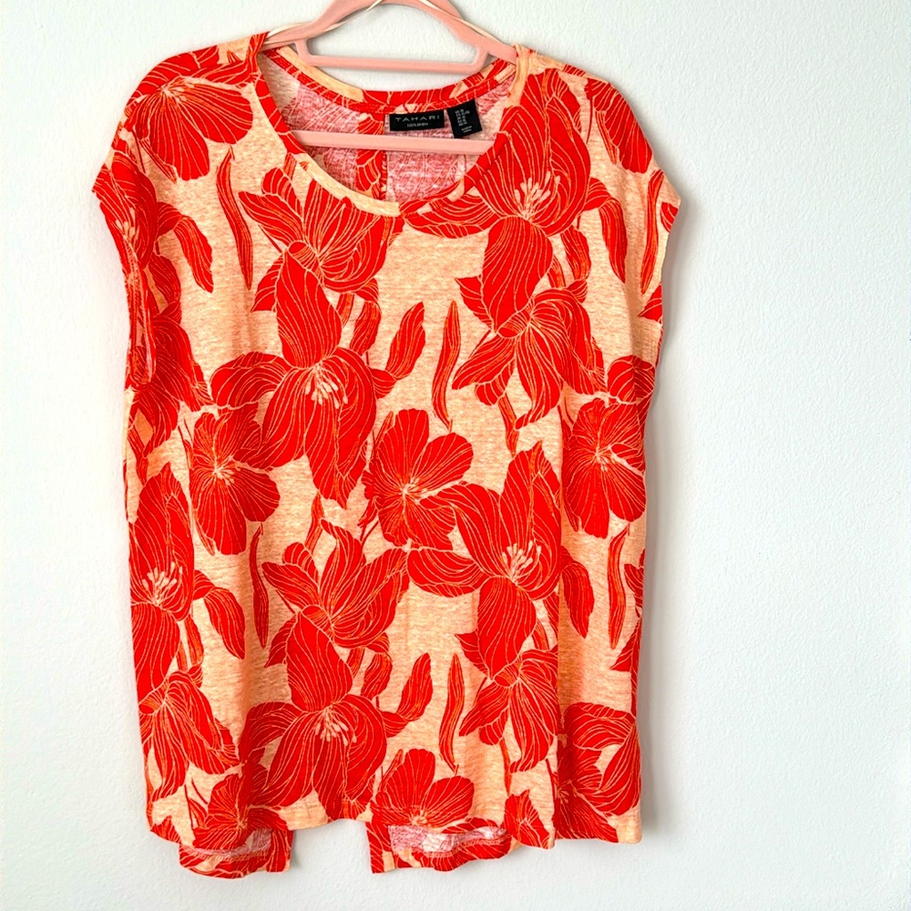 100% Linen TAHARI print sleeveless top XL